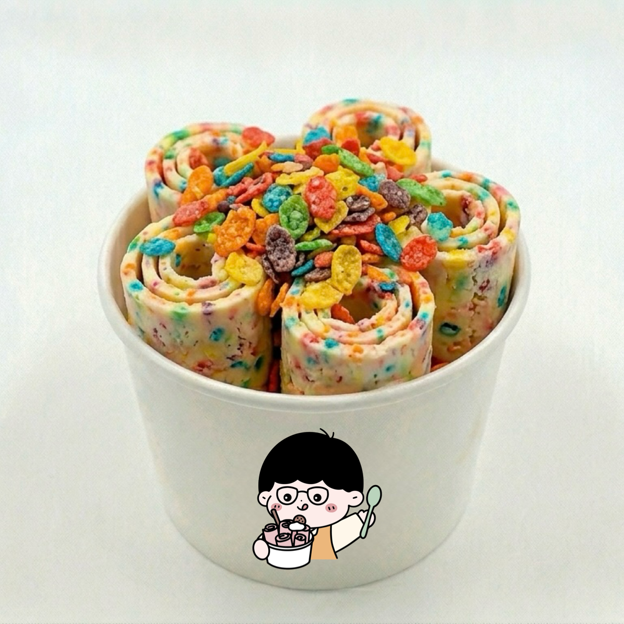 Fruity Pebbles roll ice cream in a Boongs Roll cup
